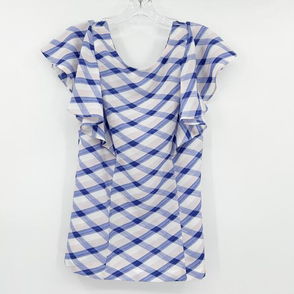 Banana Republic Blue and White Checkered Ruffle Sleeve Top Career Womens Size 6 - Picture 3 of 11